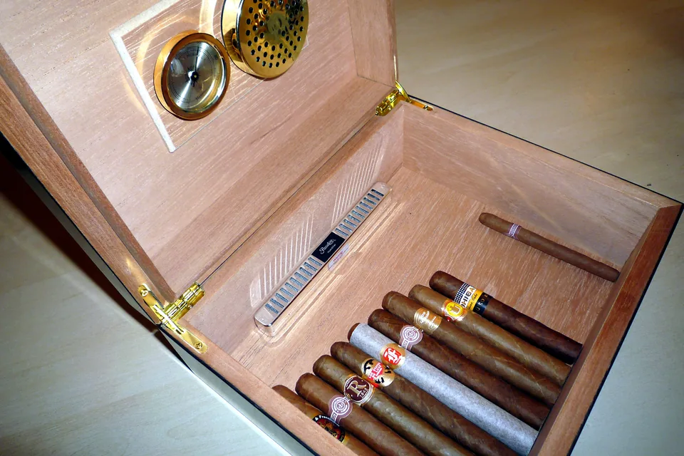 The Most Expensive Cigar in the World — open wooden humidor holding cigars, with a round hygrometer set in the lid